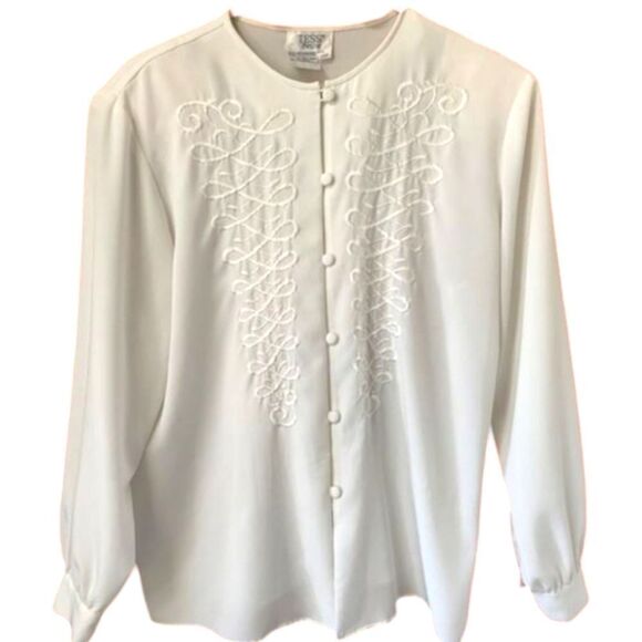 TESS Women’sLong Sleeve Embroidery design  Cream Color Dress Shirt Size 12Petite - Picture 2 of 9